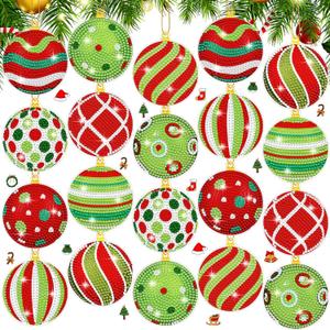 Realspring 20 Pieces Christmas Ball Diamond Art Ornaments Lime Green and Red Diamond Painting Tree Decorations 5D Hanging Xmas Diamonds Art DIY Christmas Kits for Adults Crafts Party Favors