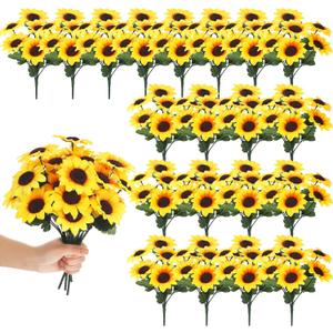 Redbaker 24 Bundles Sunflower Artificial Flower with Stems Bouquet Fake Plants Bulk UV Resistant Plastic Faux Outdoor Flower No Fade for Wedding Fall Garden Home Window Decor