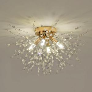 Modern Small Crystal Ceiling Light Fixture, 4-Light Gold Crystal Sputnik Firework Chandelier, Semi Flush Mount Ceiling Light Fixtures for Bedroom Kitchen Hallway Entryway Bathroom(H9.5'' x W17.7'')