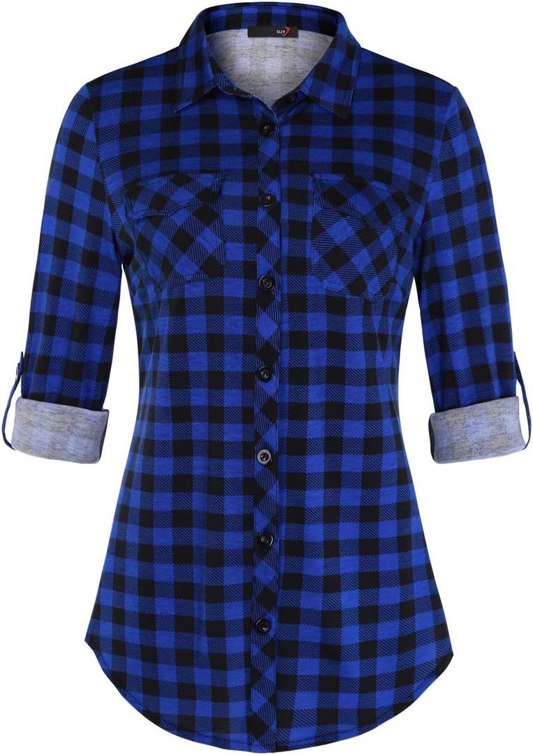 DJT Womens Soft Stretchy Knit Plaid Shirts Roll Up Long Sleeve Collared Button Down Blouses Tops, Large