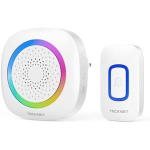 TECKNET Plug-in Wireless Doorbell with RGB Lighting & 1300 Feet Range,IP66 Waterproof Doorbell for Home/Classroom/Office/Business,60 Chimes,5-Level Volume,4.5-Year Battery Life(White)
