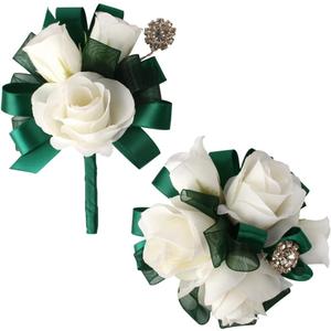 Ivory Rose Wrist Corsage and Boutonniere Set Artificial Flowers for Wedding Prom Homecoming Groom Bridal Party (Green and Ivory)