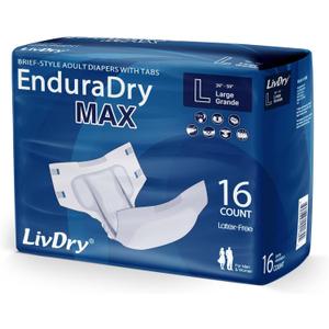 LivDry EnduraDry Max Adult Diapers with Tabs, Up to 12-Hours, Super Absorbent Incontinence Underwear, Leak Protection Briefs, Large, 16-Pack