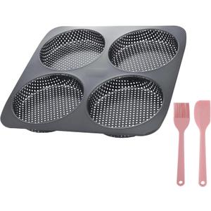 Large Hamburger Bun Pan, 5 Inch Perforated Commercial Non-Stick Carbon Steel Baking Mold, 4-Cavity Big Baking Pan for Homemade Hamburger Buns Meat Pie Bread Mini Pizza