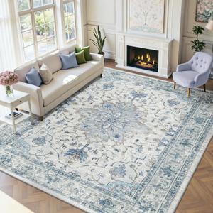 RELEANY Area Rugs 9'x12' Washable Non-Slip, Floral Vintage Distress Print Pattern Medallion Carpet for Living Room Bedroom Dining Room, Light Blue Navy Beige Gray White