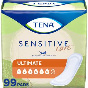 TENA Incontinence Pads, Bladder Control & Postpartum for Women, Ultimate Absorbency, Extra Coverage, Long, Sensitive Care, 99 Count (Regular)