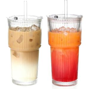20OZ Glass Tumbler with Straw and Lid,Glass Cups with Lids and Straws,2PCS Ribbed Iced Coffee Cups Vintage Glassware for Juice Whiskey Cocktail Beer