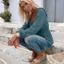 Womens Puff Long Sleeve Babydoll Tops Square Neck Ruffle Peplum Blouse Smocked Loose Fit Tunic Top Dressy Tee Shirts (Medium, Green)