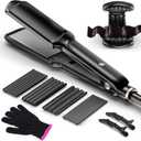 Hair Crimper Waver, Professional Hair Straightener Beach Waves Curling with 4 Interchangeable Ceramic Plates | Auto Temp Control for All Hair Types | Quick Heat Wide Plate Styling Tool & Straightener