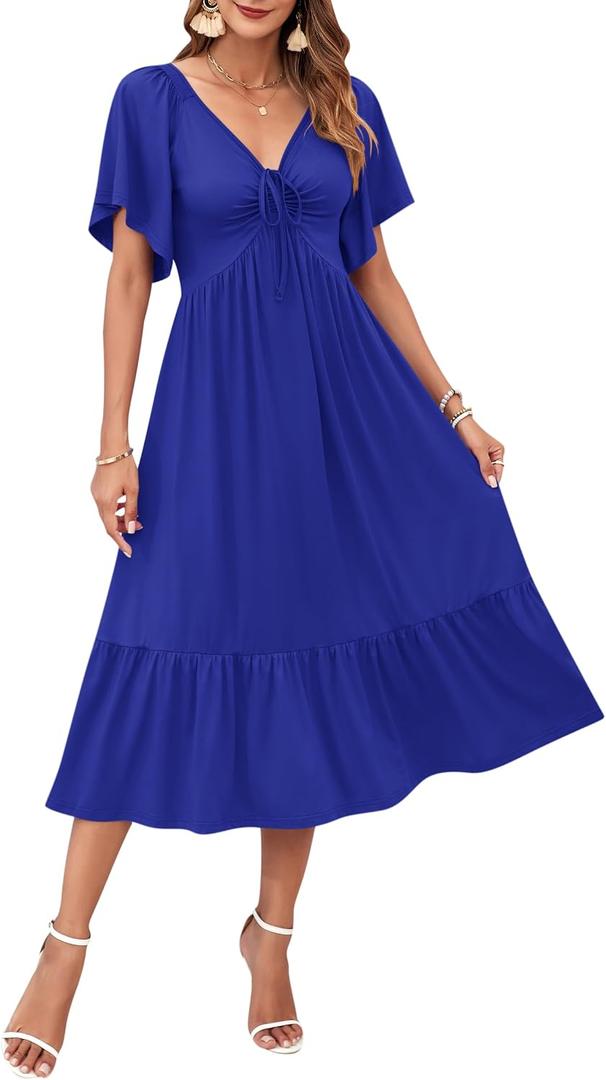 AUSELILY Women's Summer Empire Waist Dress Casual V Neck Short Flutter Sleeve Midi Dresses 2026 (S)