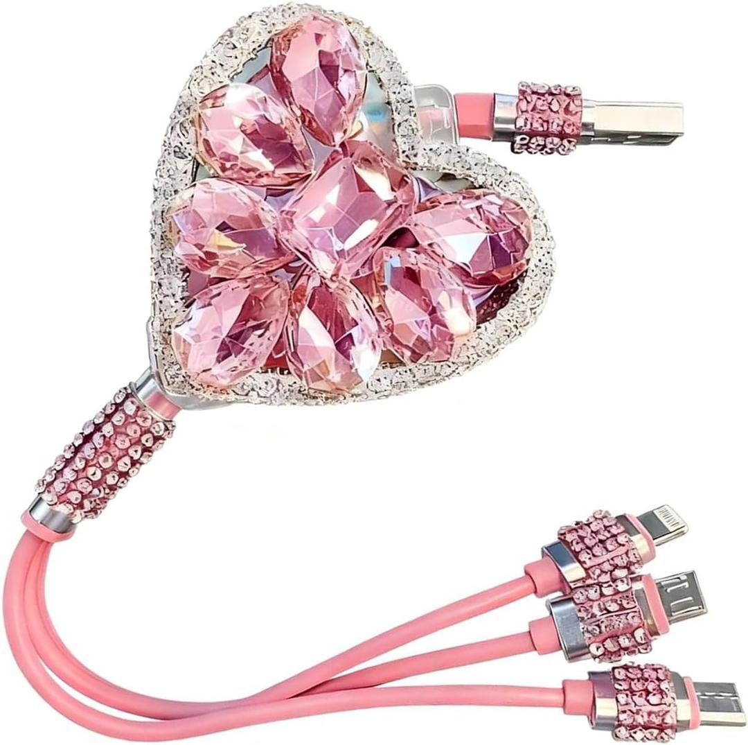 Car Retractable Multi Charging Cable, 3 in 1 Fast Charger Cord, Heart-shaped Diamond-studded Car Charger Cable, Stylish for Women, Compatible with Phone, Tablets (Pink)