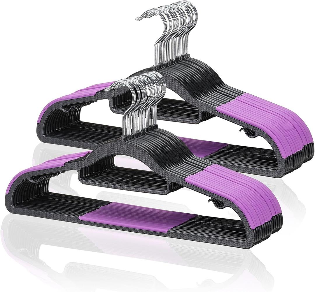 Tonswachic Pack of 30 Coat Hangers, Space-Saving Plastic Clothes Hangers, Non-Slip, 0.2 Inches Slim, 360 Swivel Silver Hook for Shirts, Pants, Suit & Wet/Dry Garments, Purple and Black, 30Pack