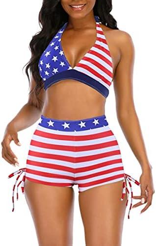 Womens High Waisted Swimsuits with Boy Shorts Brazilian Triangle Top Stripes Halter Bikini Two Piece Bathing Suits, Larg