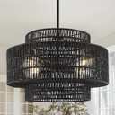 4-Light Black Boho Rattan Chandelier Light Fixture, 17.7 Hand Woven Rustic Chandeliers Farmhouse Chandelier Hanging Light for Dining Room Kitchen Island, Living Room, Foyer