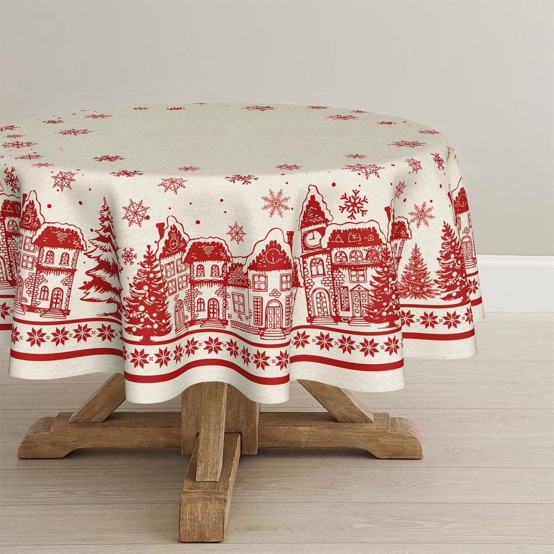 Horaldaily Christmas Tablecloth 90×90 Inch Round, Beige Snow House Pine Trees Washable Table Cover for Party Picnic Dinner Decor