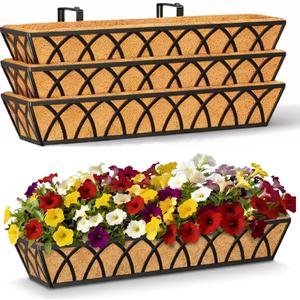 30 Inch 4 Pack Railing Planter with Adjustable Brackets, Window Box with Coco Liner, Hanging Metal Flower Box for Balcony Deck Fence Porch, Black