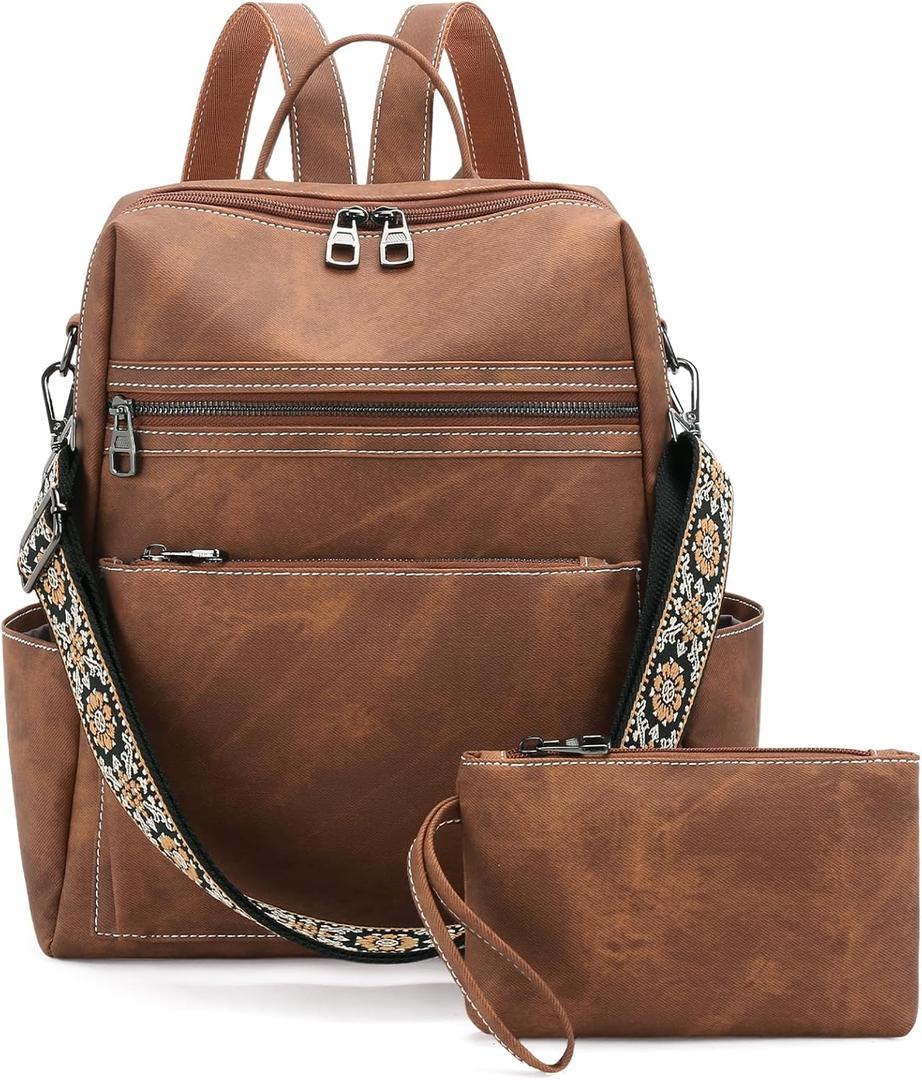 GAEKEAO Backpack Purse for Women PU Leather Travel Backpack Fashion Multi-Pocket Convertible Shoulder Bag Handbag Caramel Brown