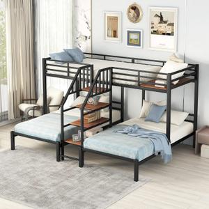 Merax Twin Over Twin & Twin Metal Bunk Bed, Triple Bunk Bed Frame with Storage Shelves Staircase, Black