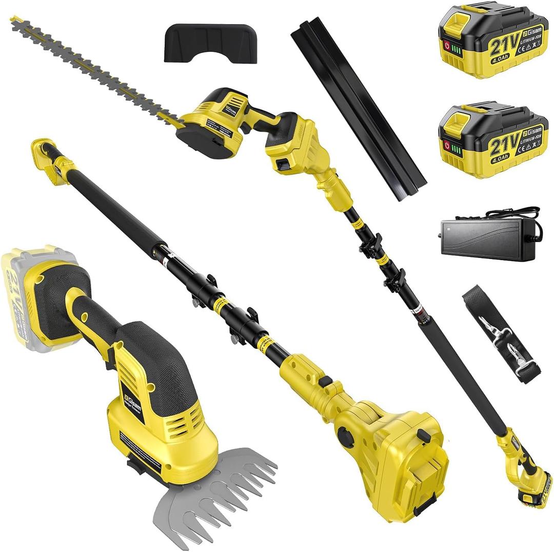4-in-1 Pole Hedge Trimmer Cordless, Electric Hedge Trimmer and Grass Shear with Extension Pole, 180 Adjustable Angle, 16Ft Reach, 2x4.0Ah Battery, for Shrub Pruning