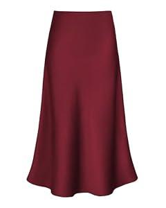 Women's Satin High Waist Hidden Elasticized Waistband Flared Casual A Line Midi Skirt M