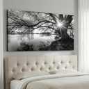 HUADAOART Black and White Tree Lake Landscape Canvas Wall Art Panoramic Nature Picture Sunburst Through Branches 24 x 48 In for Living Room Bedroom 1PCS, 48
