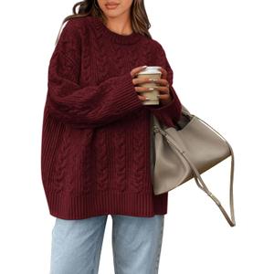 Okiwam Women's Oversized Sweaters Long Sleeve Crewneck Chunky Knitted Pullover 2025 Fall Fashion Solid Color Jumper Tops (Medium, Wine Red)