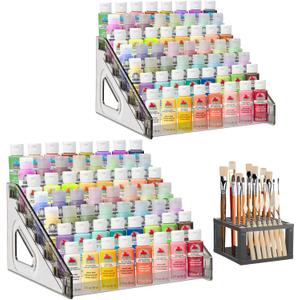 2 Pcs Clear Paint Organizer With Paint Brush Holder,7 Layers Acrylic Paint Organizer,Paint Storage Rack,Craft Paint Organizer Rack,Miniature Paint Holder for Paint Storage(Gray)