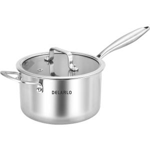 DELARLO Tri-Ply Stainless Steel Saucepan, 3.5 QT Saucepan with Lid, All Stove Compatible 500, Induction Sauce Pot, Heavy Duty Saucier, Dishwasher Safe Saucepan, Induction Pot 3.5 Quart, Even Heat