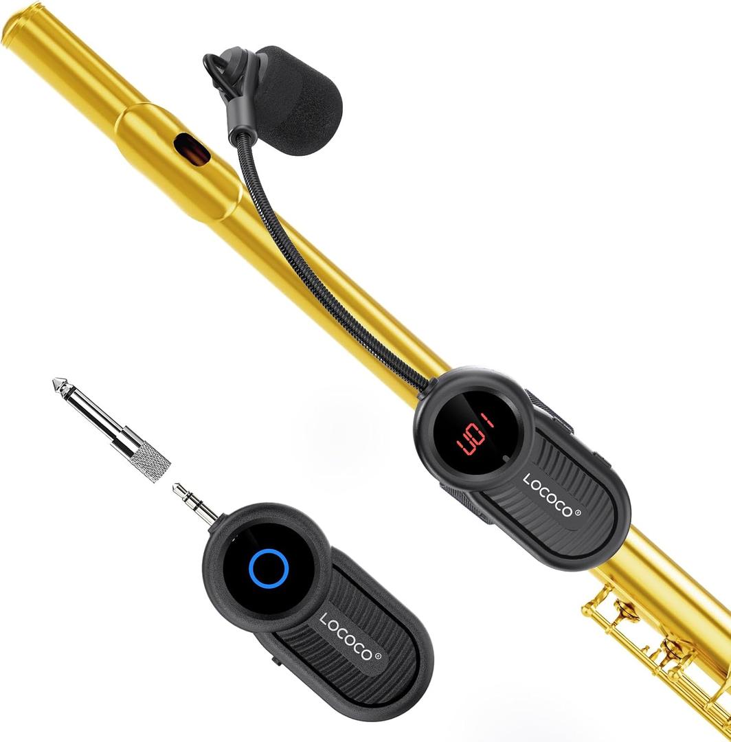 Lococo UHF Wireless Flute Microphone System: Wind Music Instruments Microphone Receiver and Transmitter, 160ft Range with Digital Screen, for Flute, Piccolo, Clarinet