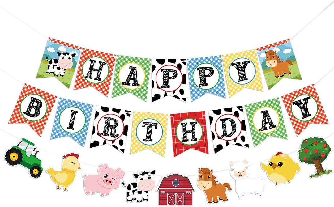 WERNNSAI Farm Animals Birthday Banner - Happy Birthday Banner with Tractor Barnyard Bunting Garland for Kids Boys Girls Farm Theme Party Decorations Supplies