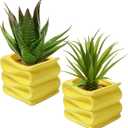 MyGift 4-Inch Yellow Ceramic Mini Succulent Plant Pot, Modern Decorative Planters with Candy Ribbon Design, Set of 2