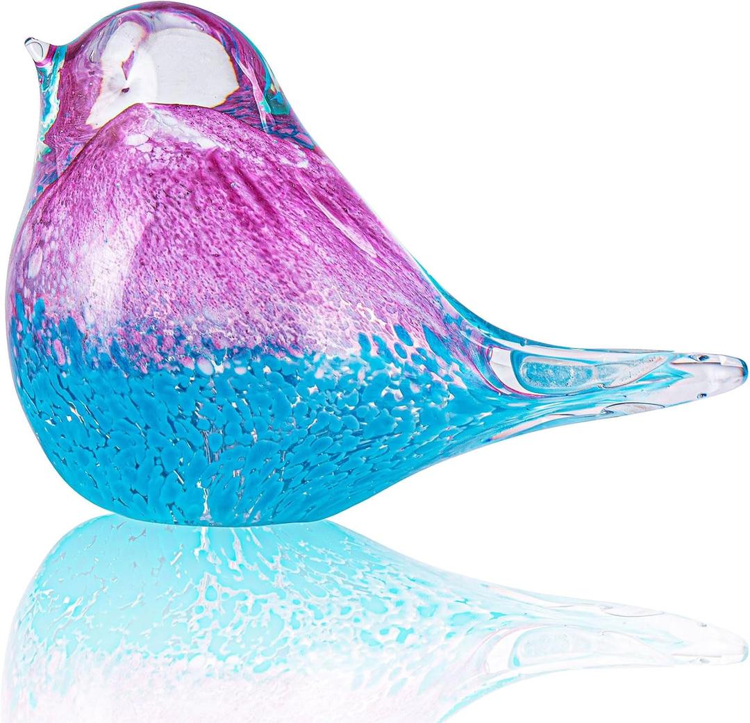 5.5" Hand Blown Glass Blue Bird Figurine Glass Pink and Blue Birds of Happiness Statue Crystal Animal Sculpture Decorative Ornaments for Home Decoration,Birthday Present,Women Gift for Christmas