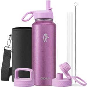 Coolflask Water Bottle 40 oz Insulated with Straw, Stainless Steel Metal 3 Lids Water Flask for Sports or Office, Keep Cold 48H Hot 24H, Glitter Pink