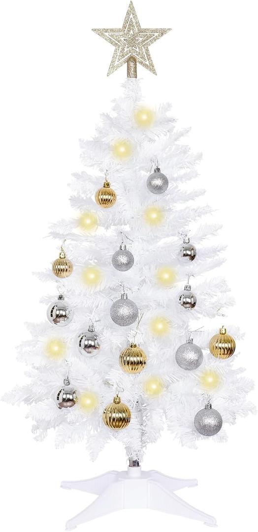 Sunshine White Christmas Tree with Light 3ft Artificial Full Christmas Tree with Ball & Star Ornaments 8 Lighting Modes for Holiday Decor