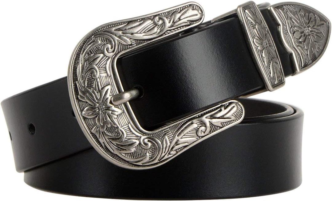 JASGOOD Women Leather Belts Ladies Vintage Western Design Black Waist Belt for Pants Jeans Dresses (Black, 48 in)