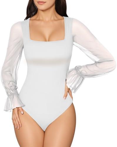 MANGOPOP Square Neck Long Sleeve Short Sleeve Bodysuit for Women Mesh Ruffle Sleeves Going Out Tops S White