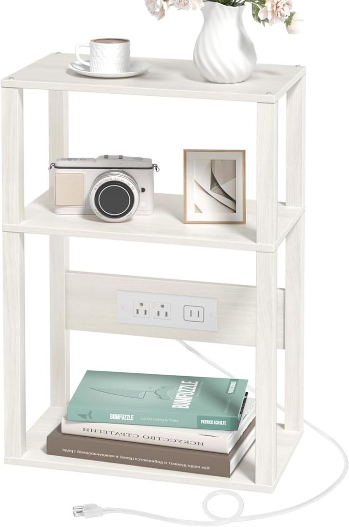 3-Tier Small Narrow Wood Side Table with Charging Station, Skinny Nightstand for Small Space, Slim Bedside Table with Storage for Couch, Thin End Table with USB Ports and Outlets, Grey White (1 Pack)