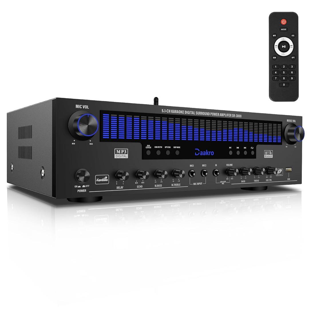 Daakro Stereo Receivers Home Audio Amplifier w/DSP Display,300W Rated Power 5.1 Channel Bluetooth Receiver,Home Amp w/BT/CD/DVD/AUX/USB/BT/FM/Opt/COA/MIC for Home/Studio/Theater Passive Speakers