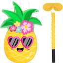 Threan Small Pineapple Piata Summer Fruit Piata with Blindfold Bat for Hawaiian Tropical Luau Party Supplies Pineapple Themed Birthday Decorations, 16.5 x 11.2 x 3.1 Inch
