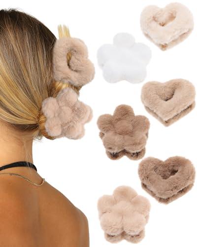 Fluffy Plush Claw Clip for Hair 5 Pcs Cute Hair Clips for Women Fuzzy Hair Barrettes Girls Hair Jaw Clips (Heart + Flower - Beige/Brown/Coffee)