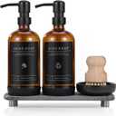 [Luxury] Kitchen Soap Dispenser Set - 16OZ Amber Glass Bottle, Stainless Steel Pump, Instant Dry Tray, Waterproof Labels, Non-Slip Silicone Pad, and Dish Brush | Upgrade for Your Kitchen and Bathroom