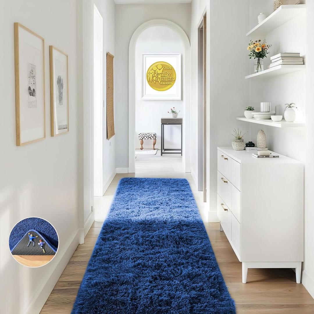 Ophanie Blue Runner Rug for Hallway, 2x6 Bedroom Bedside Living Room Rugs, Non Slip Fluffy Soft Shaggy Carpet for Kids Girls Boys Dorm Nursery Home Decor Aesthetic