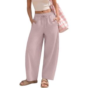Susclude Womens Linen Blend Wide Leg Barrel Pants Baggy Loose Sweatpants Casual Elastic Waist Trousers Summer Vacation (Pink, L)