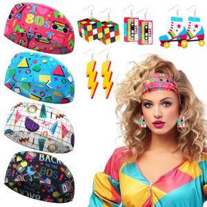 80S 90S Accessories for Women 4 Pairs Retro Earrings 4 PCS Headbands 80S Stylish Girl Neon Earrings Cassette Tape Acrylic Drop Dangle 90S Hair Accessories Vintage Headbands Soft Elastic Sweat