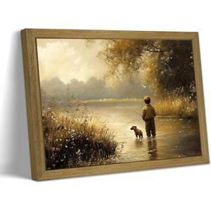 Framed Vintage Landscape Wall Art, Boy Fishing Canvas Wall Decor painting, Vintage Country Farmhouse Artwork Print Poster for Boy Room Bedroom Living Room Nursery Decor 12x16 Inch
