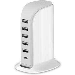 Charging Station for Multiple Devices 40W Upoy, Wall Charger Block 5 USB Ports(Shared 6A), USB Charging Hub Smart IC, Charger Tower with Type-C 3A for iPhone iPad Tablets Smartphones, Home Office Use (white charging station)