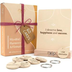 Mindful 60 Positive Affirmation Cards for Women with 10 Inspirational Tokens, 2 Rings & Display Stand, Daily Affirmations for Inspiration & Self Care, Unique Gift Cards for Women and Men