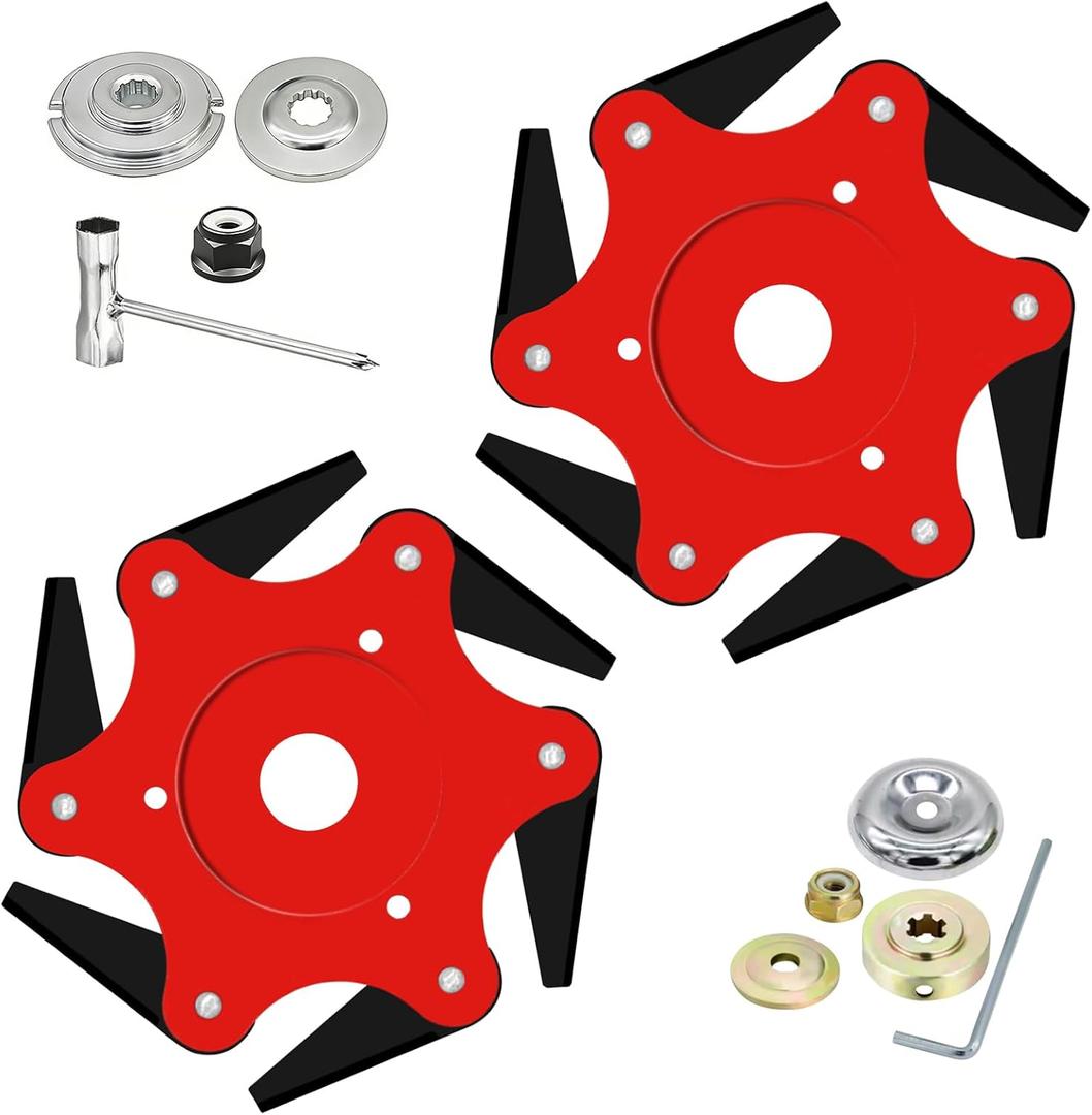 2PCS 6 Steel Razors Trimmer Head Weed Eater Blades Metal Mn65 Brush Cutter Blades Professional Grass Trimmer Head Replacement with Universal Adapter Kit (style 1)