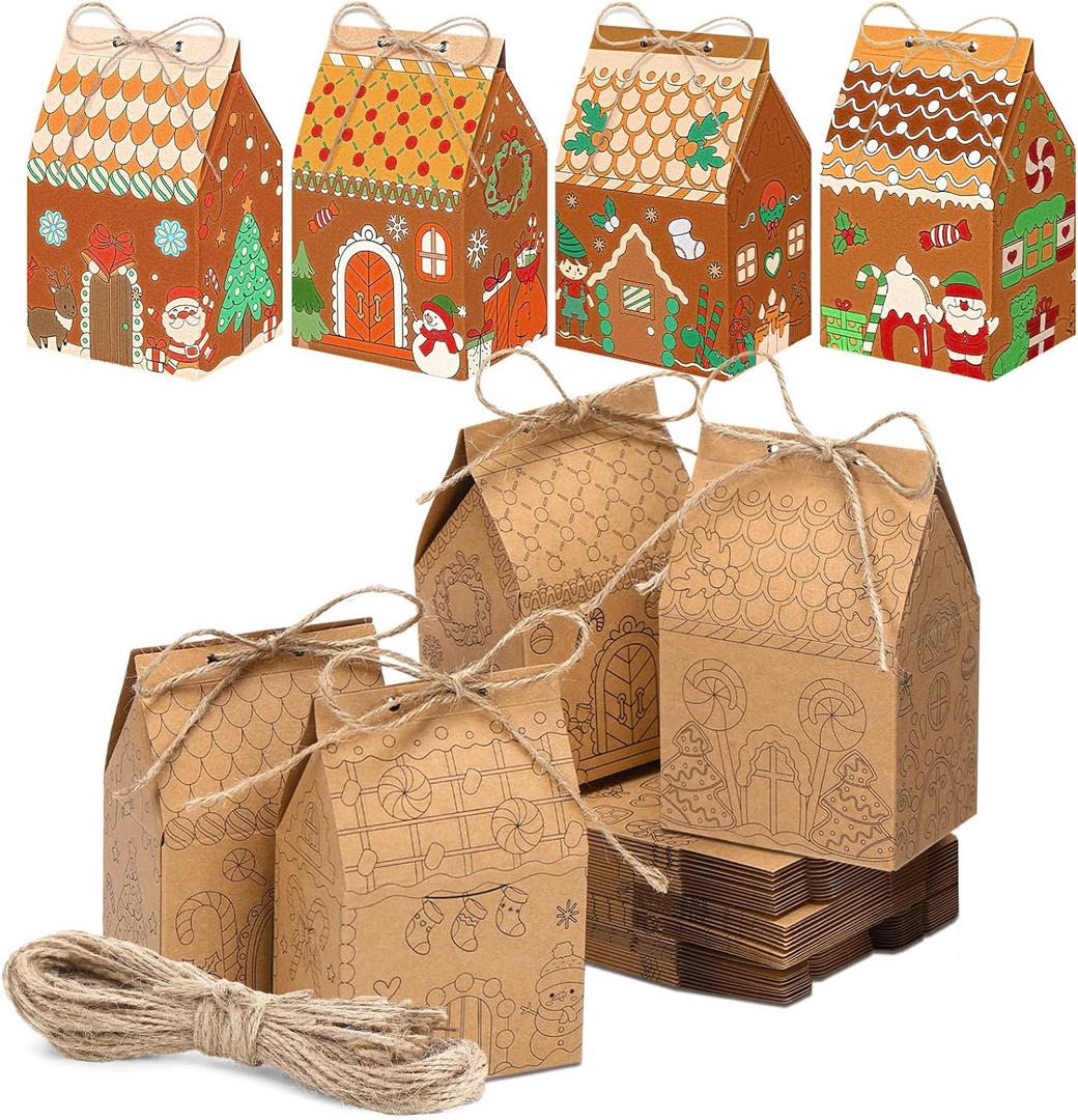 Epakh 48 Pcs Christmas Gingerbread House Coloring Gift Boxes Mini Gingerbread House Cookie Goodie Boxes Christmas Treat Bags for Xmas Party Favors Color Own Gift Candy Bag 3.94 x 2.76 Inch(Brown)