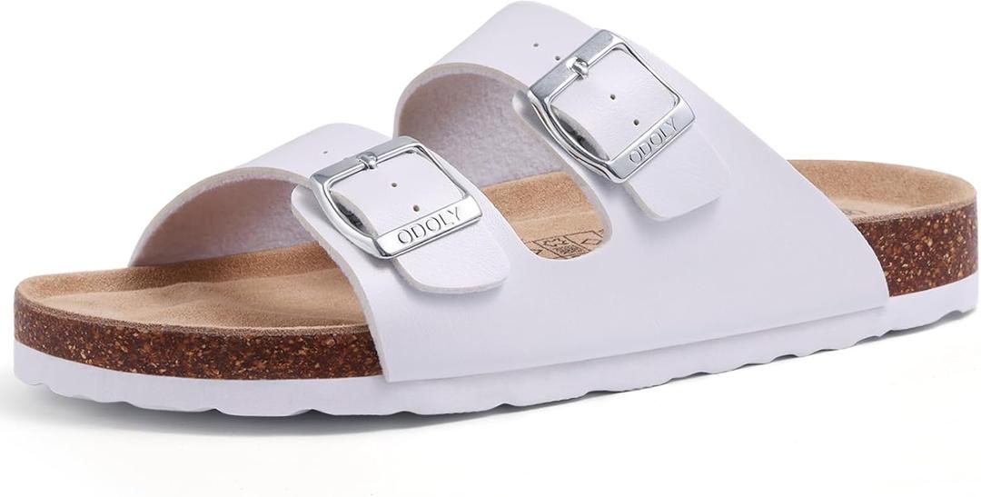 Women's Cork Footbed Slide Sandal, Arch Support Summer Outdoor Sandals with Adjustable Buckle (9, White)